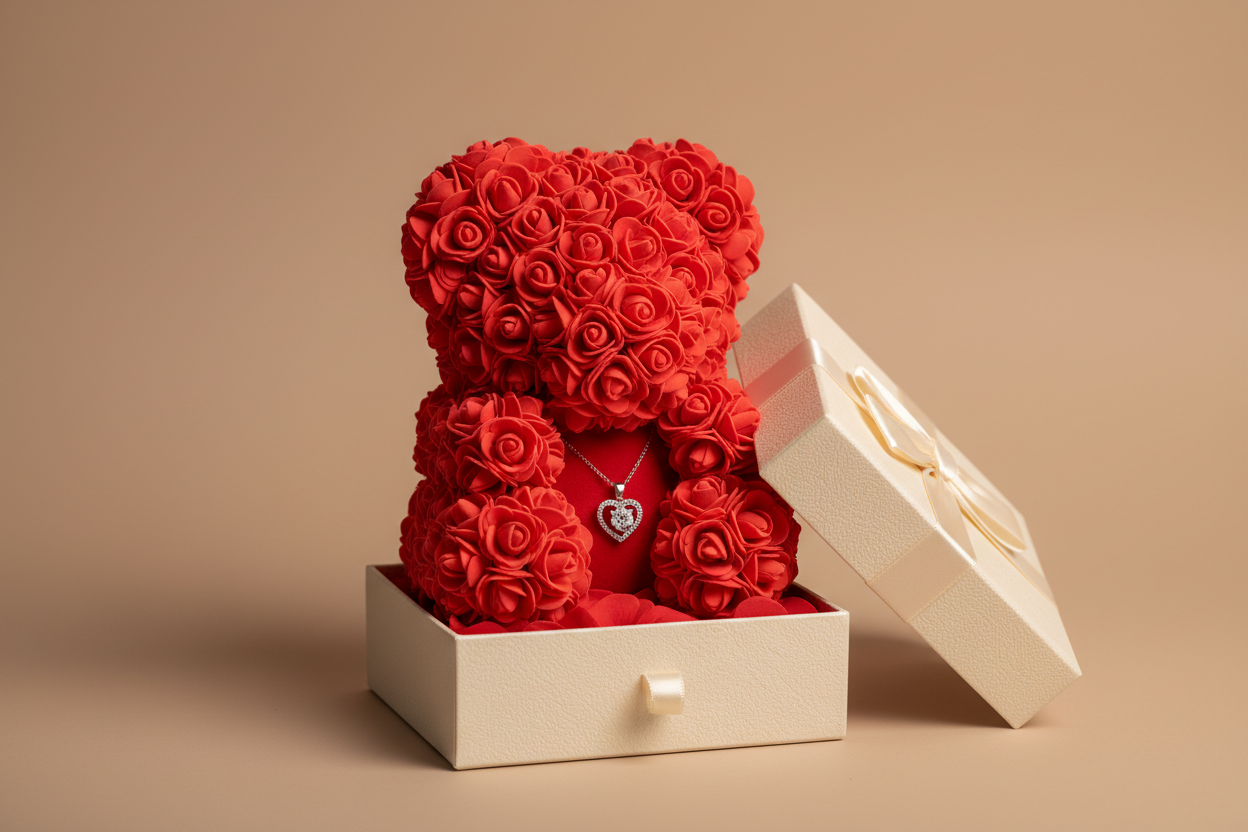 Luxury product photo of a rose teddy bear gift box with an elegant necklace inside, red romantic lighting, neutral beige background, high-end Valentine’s Day aesthetic, minimal, clean, premium, professional product photography