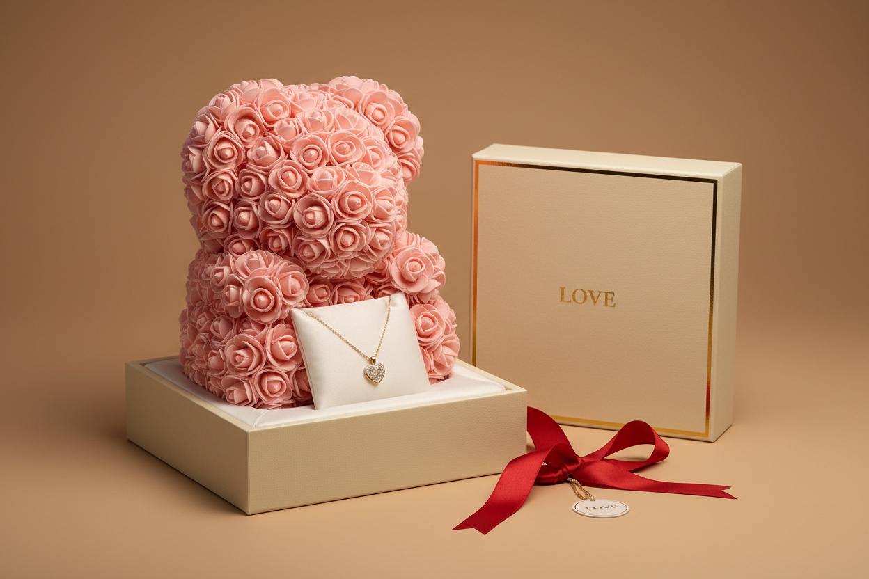 Luxury product photo of a rose teddy bear gift box with an elegant necklace inside, soft romantic lighting, neutral beige background, high-end Valentine’s Day aesthetic, minimal, clean, premium, professional product photography