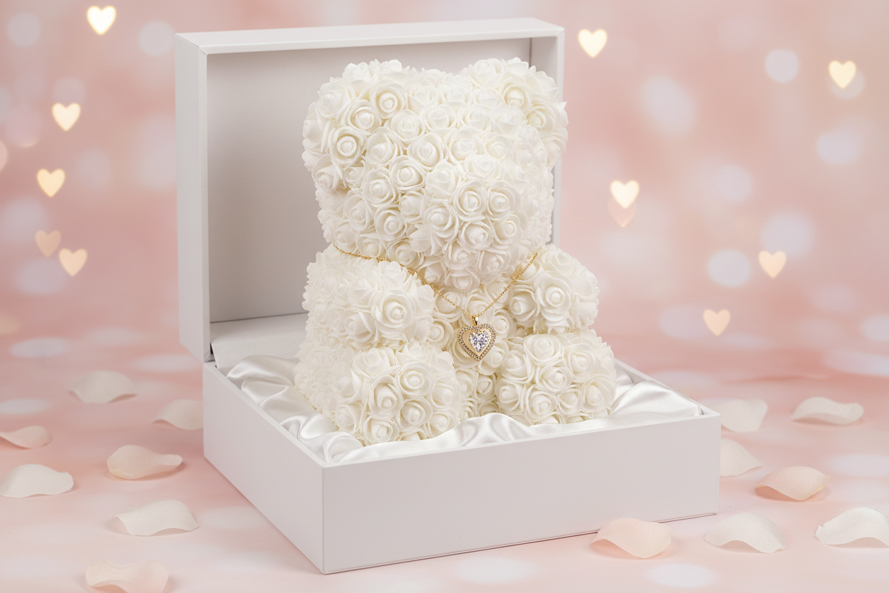 Luxury product photo of a white rose teddy bear gift box with an elegant necklace inside, premium studio lighting, soft romantic background, Valentine’s Day aesthetic, high-end jewelry product photography, realistic, clean, minimal, professional e-commerce style